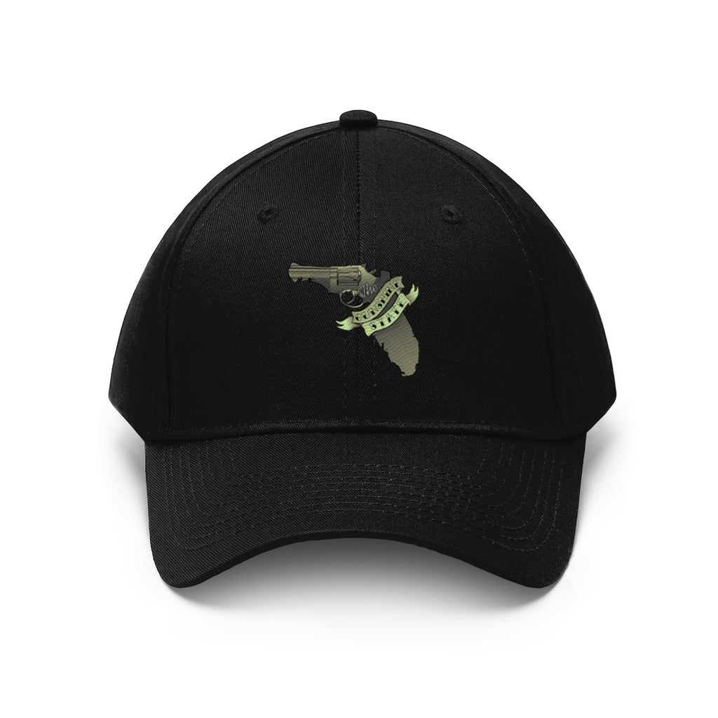 Florida The Gunshine State Twill Cap featuring a gun graphic on a black cap.