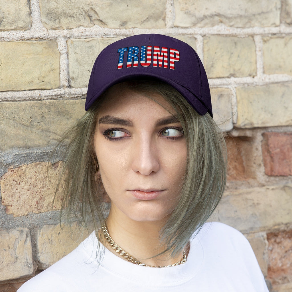 American Flag Twill Cap Patriotic Trump Classic Cap worn by a model against a brick wall.