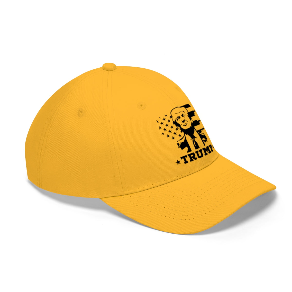 Black White Flag Baseball Cap Featuring Trump 2020 in yellow with political design.