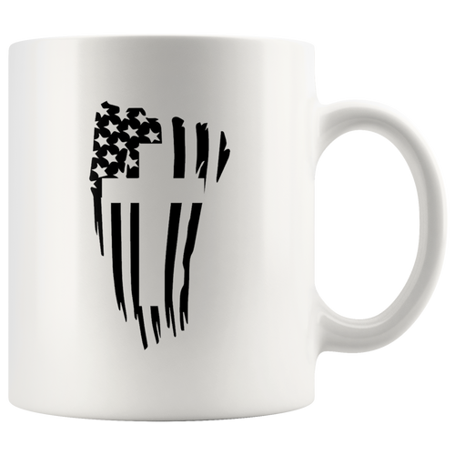 11oz ceramic mug featuring Cross on American Flag Patriotic Graphic with ORCA coating, durable and vibrant, dishwasher and microwave safe