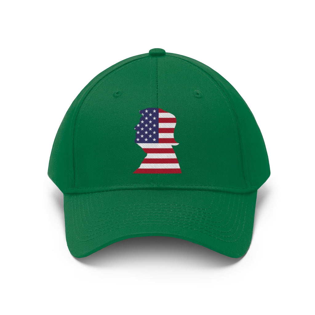 Trump American Flag SilhouetteTwill Cap featuring a green base with a patriotic design of a flag silhouette.