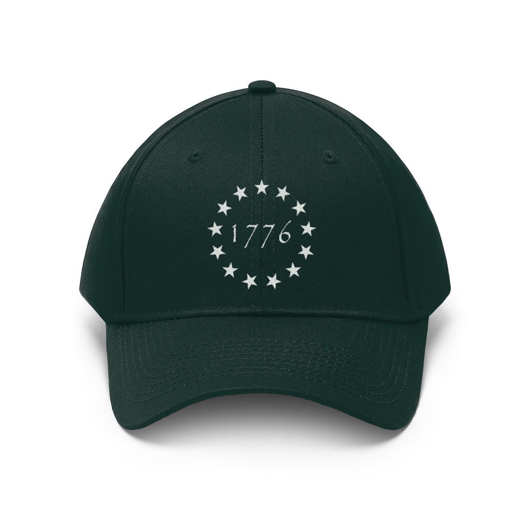 Vintage Betsy Ross Stars Cotton Twill Cap featuring stars and 1776 emblem on a dark green cap.