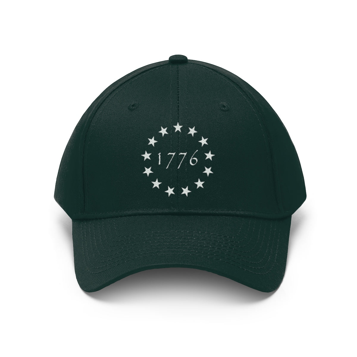 Vintage Betsy Ross Stars Cotton Twill Cap featuring stars and 1776 emblem on a dark green cap.