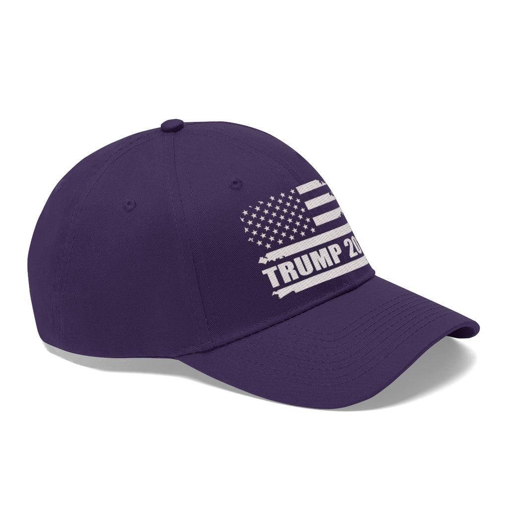 Trump 2020 Distressed American Flag Wht Ltrs Twill Cap in purple with American flag design.
