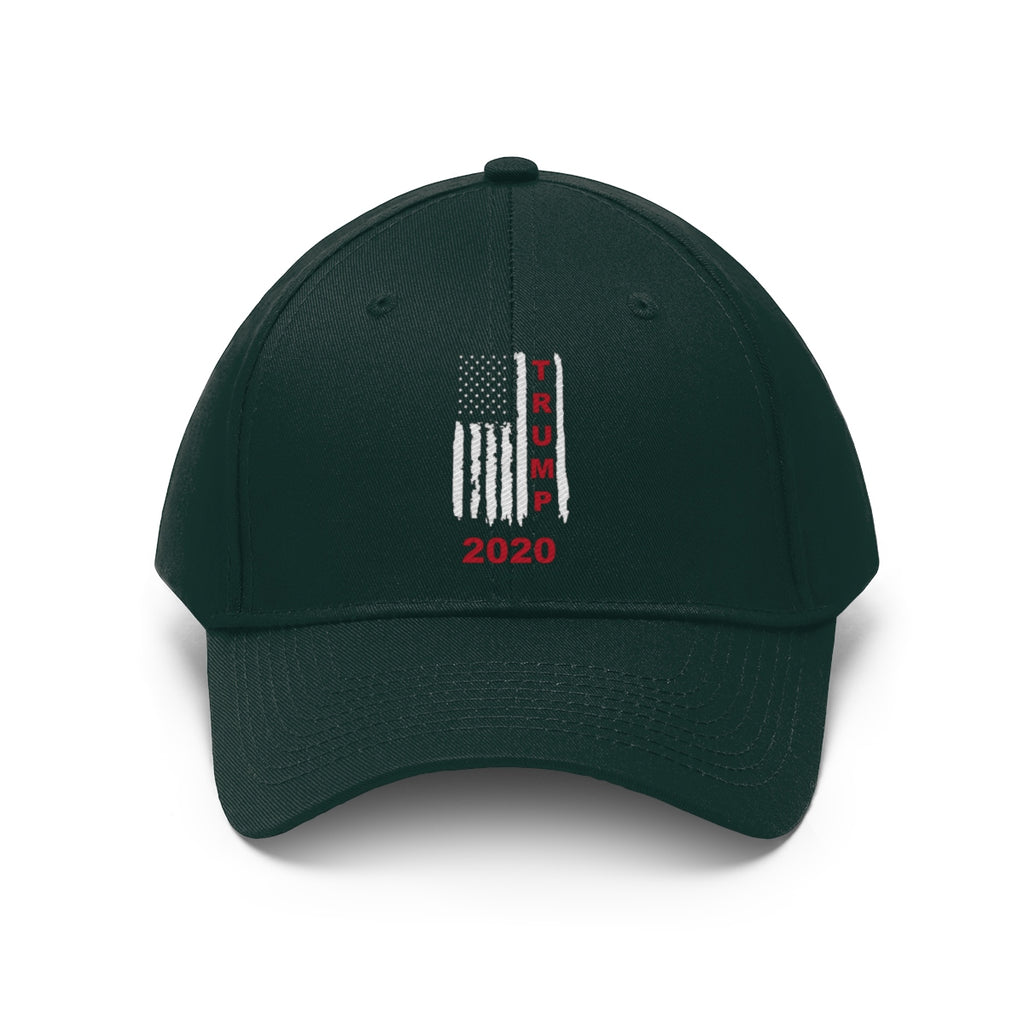 Trump 2020 Red On Distressed American Flag Twill Cap with embroidered flag design