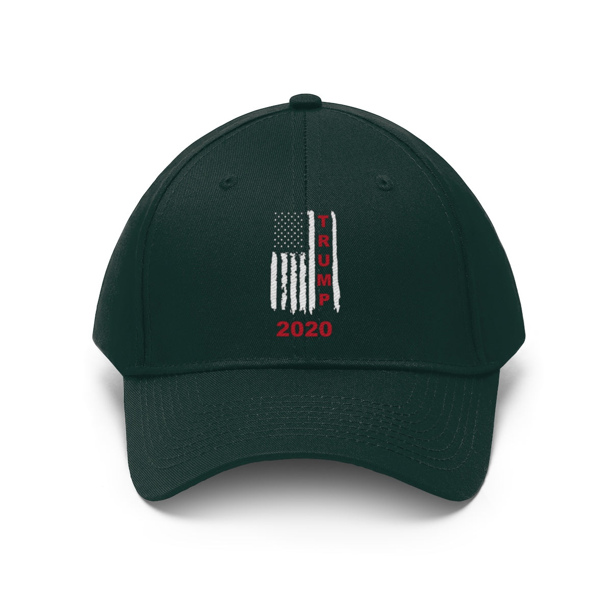 Trump 2020 Red On Distressed American Flag Twill Cap with embroidered flag design