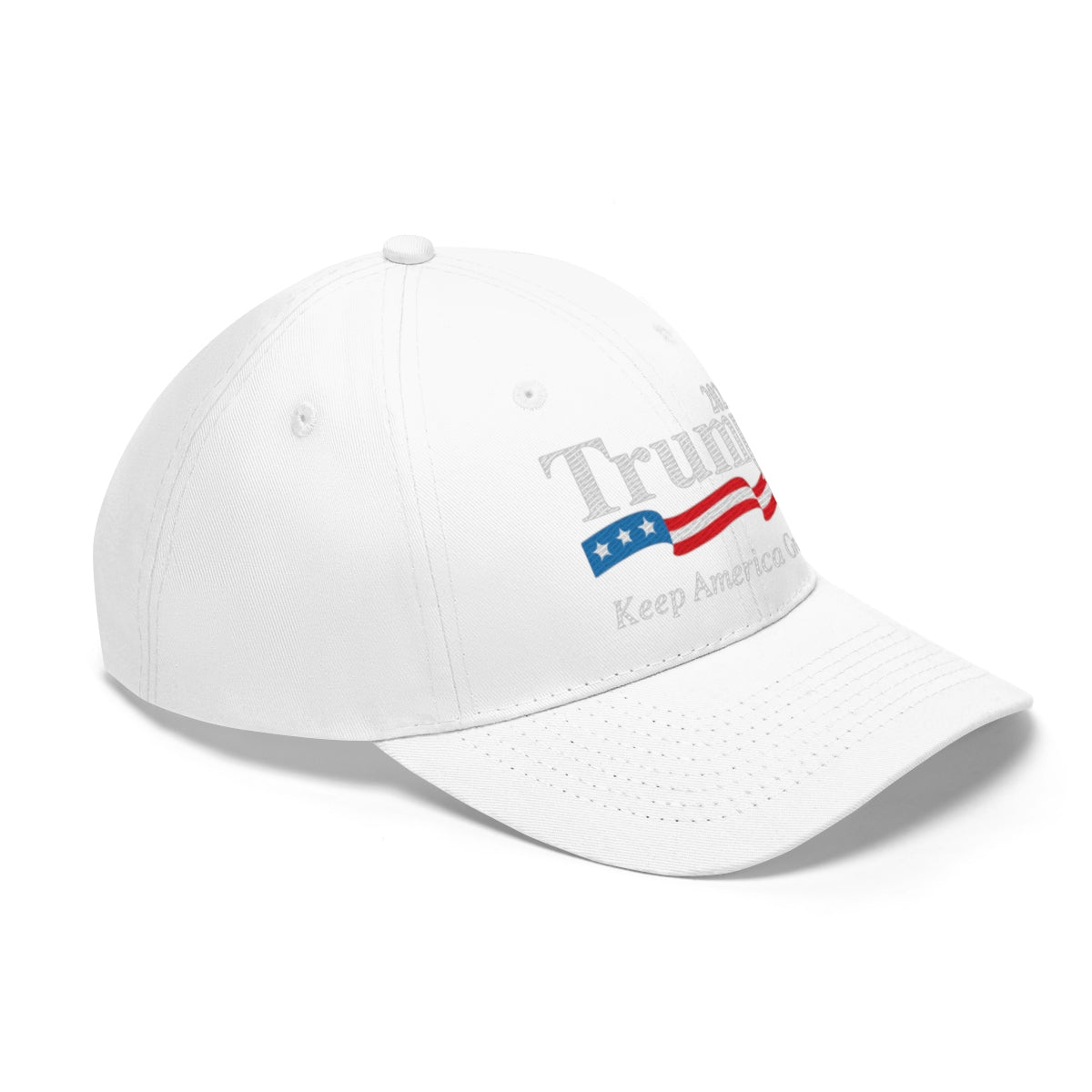 Trump 2020 Keep America Great Twill Cap displayed in white with patriotic colors and design.
