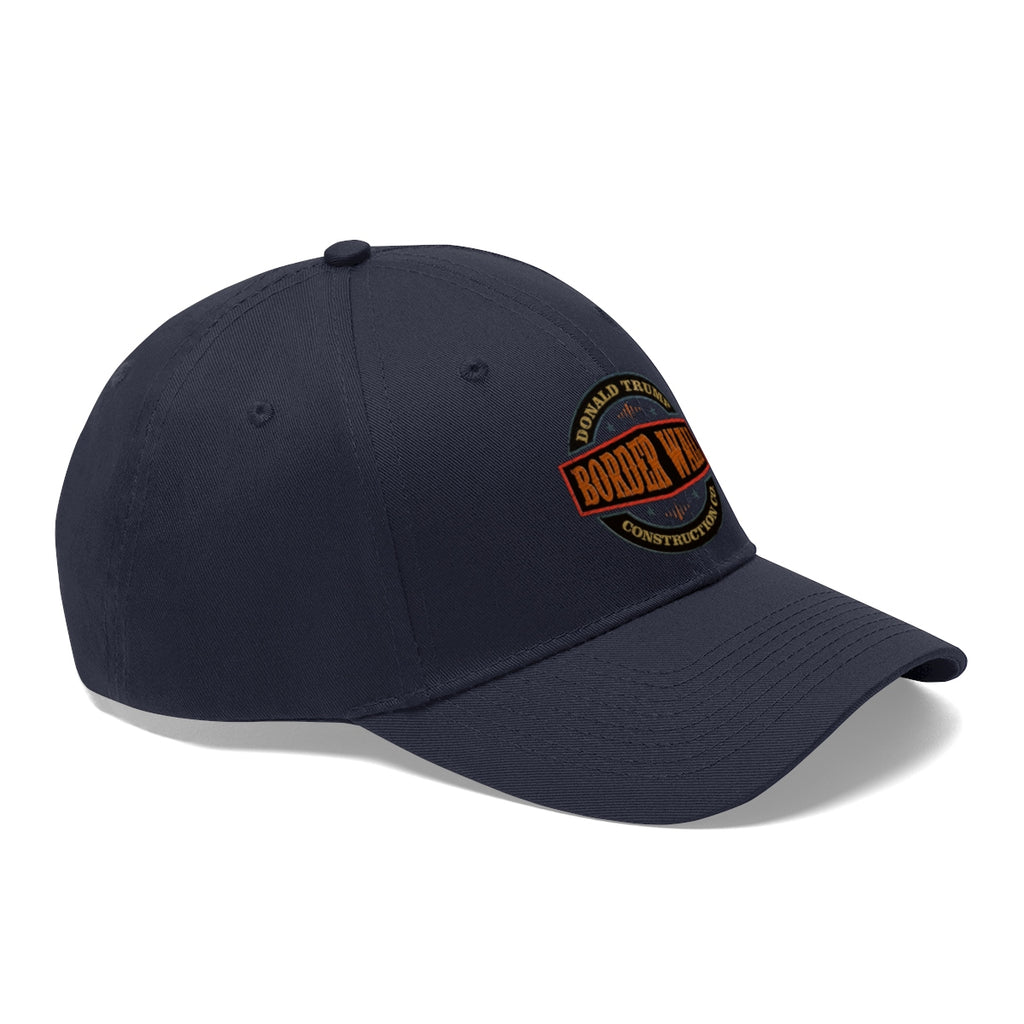 Classic Border Wall Twill Cap Donald Trump side view, navy blue cap with embroidered logo.