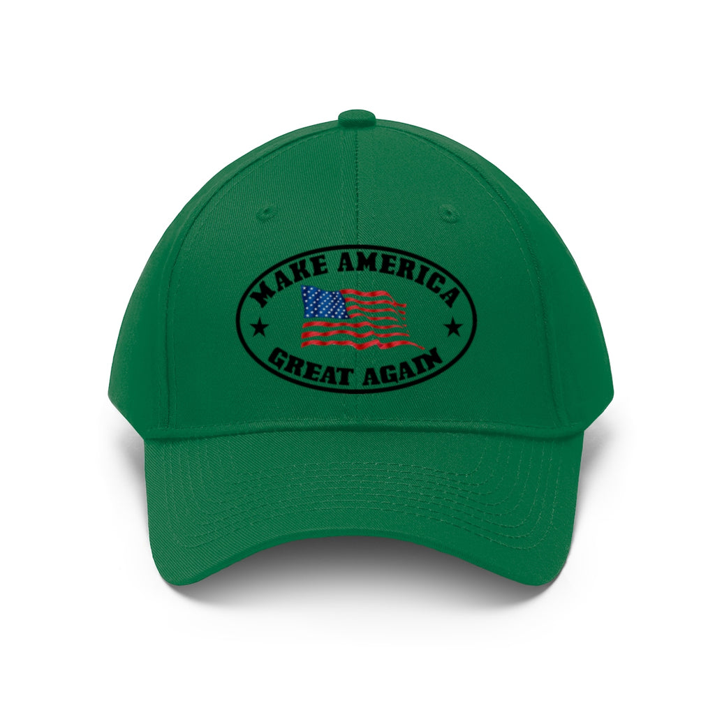 Make America Great Again US Flag Twill Cap in green color with embroidered logo and American flag design.
