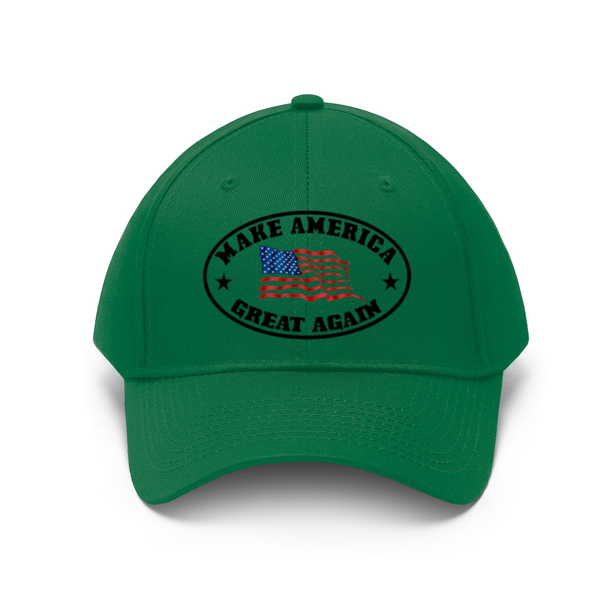 Make America Great Again US Flag Twill Cap in green color with embroidered logo and American flag design.