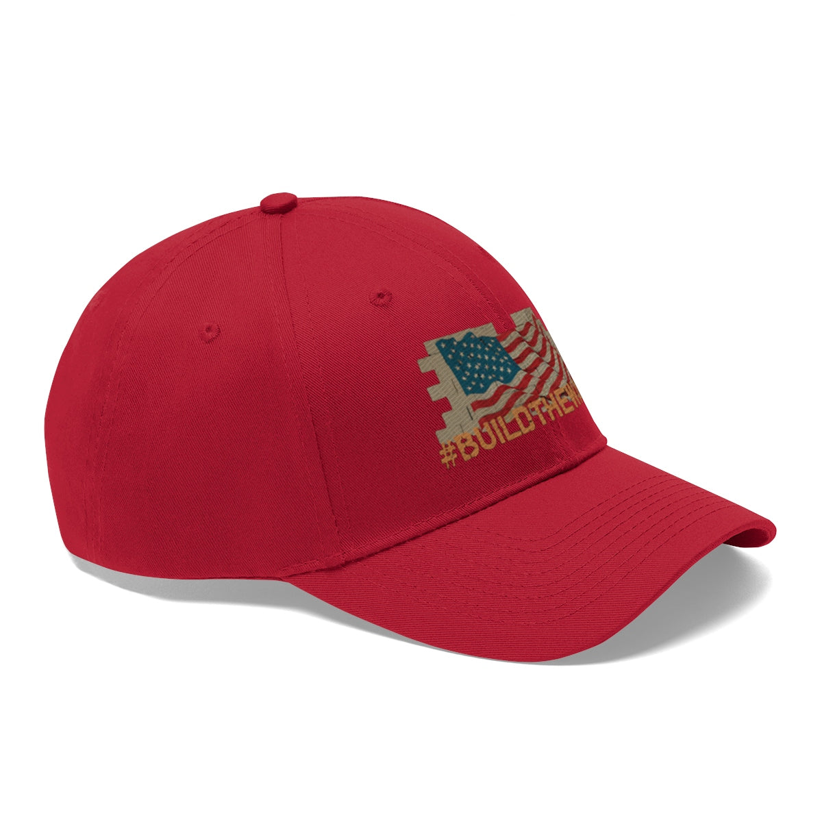 Build The Wall On American Flag Twill Cap featuring an American flag design on a red background.
