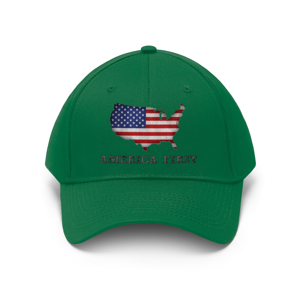 America First With American Flag Twill Cap displaying USA map design