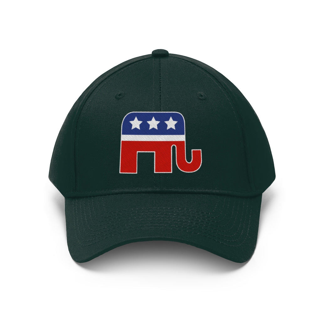 GOP Symbol Twill Cap Patriotic Political Graphic Cap showcasing red elephant logo with stars on front.