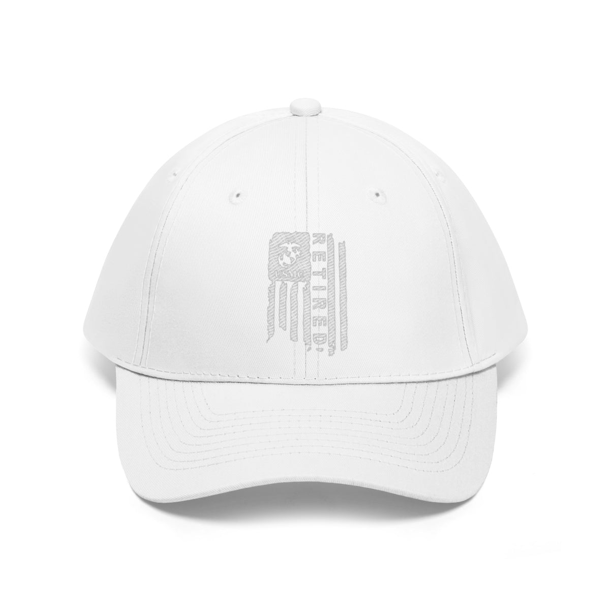 USMC Retired On Distressed American Flag Twill Cap showcasing a white base and distinctive retired emblem design.