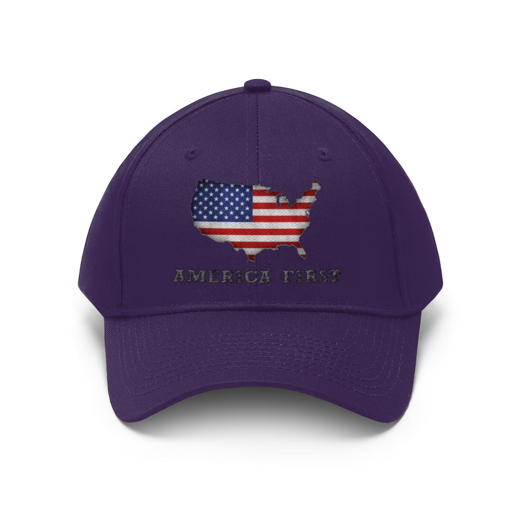 America First Twill Cap Bold USA Pride Casual Cap with USA flag design and purple background.