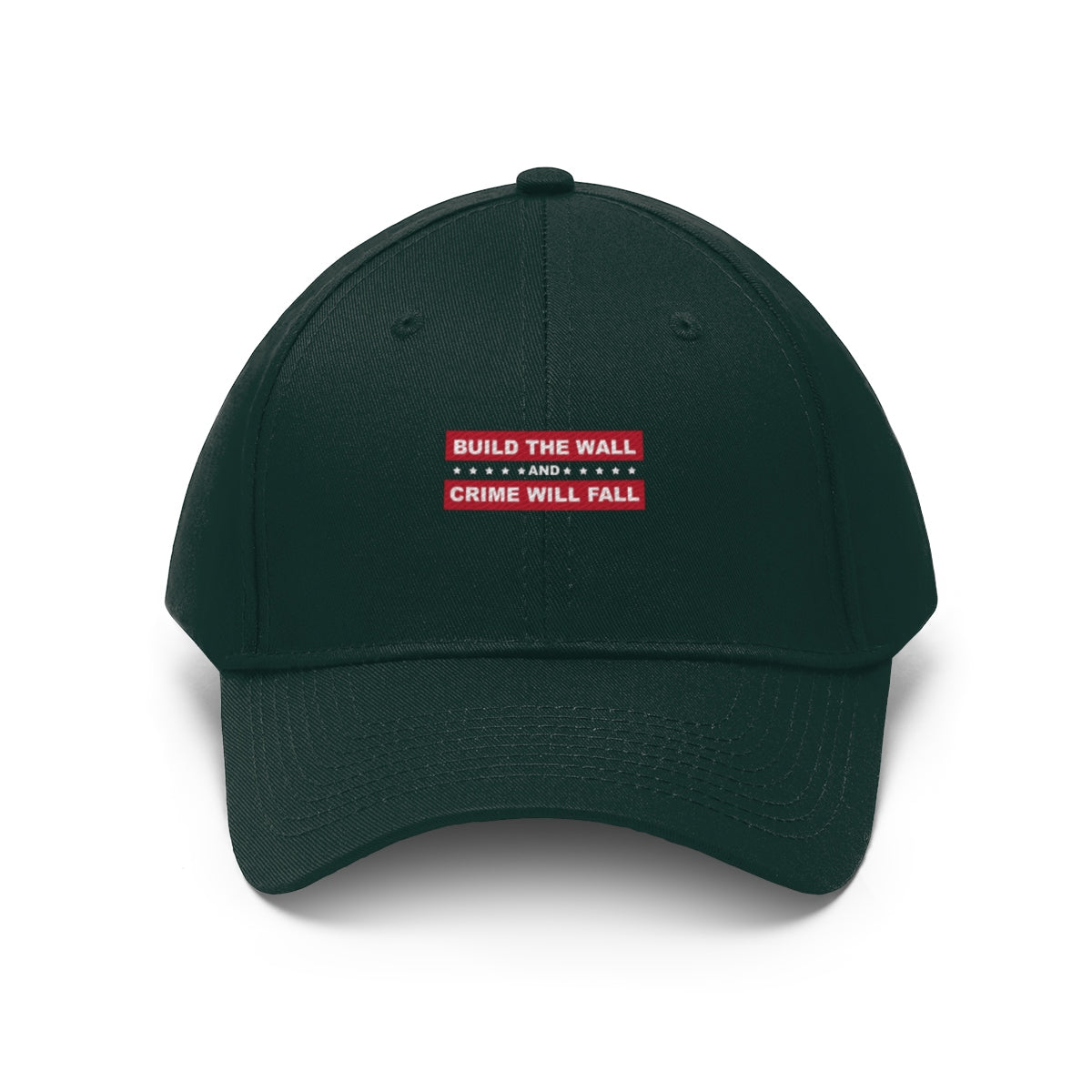 Build The Wall And Crime Will Fall Twill Cap in black with bold red text on front.