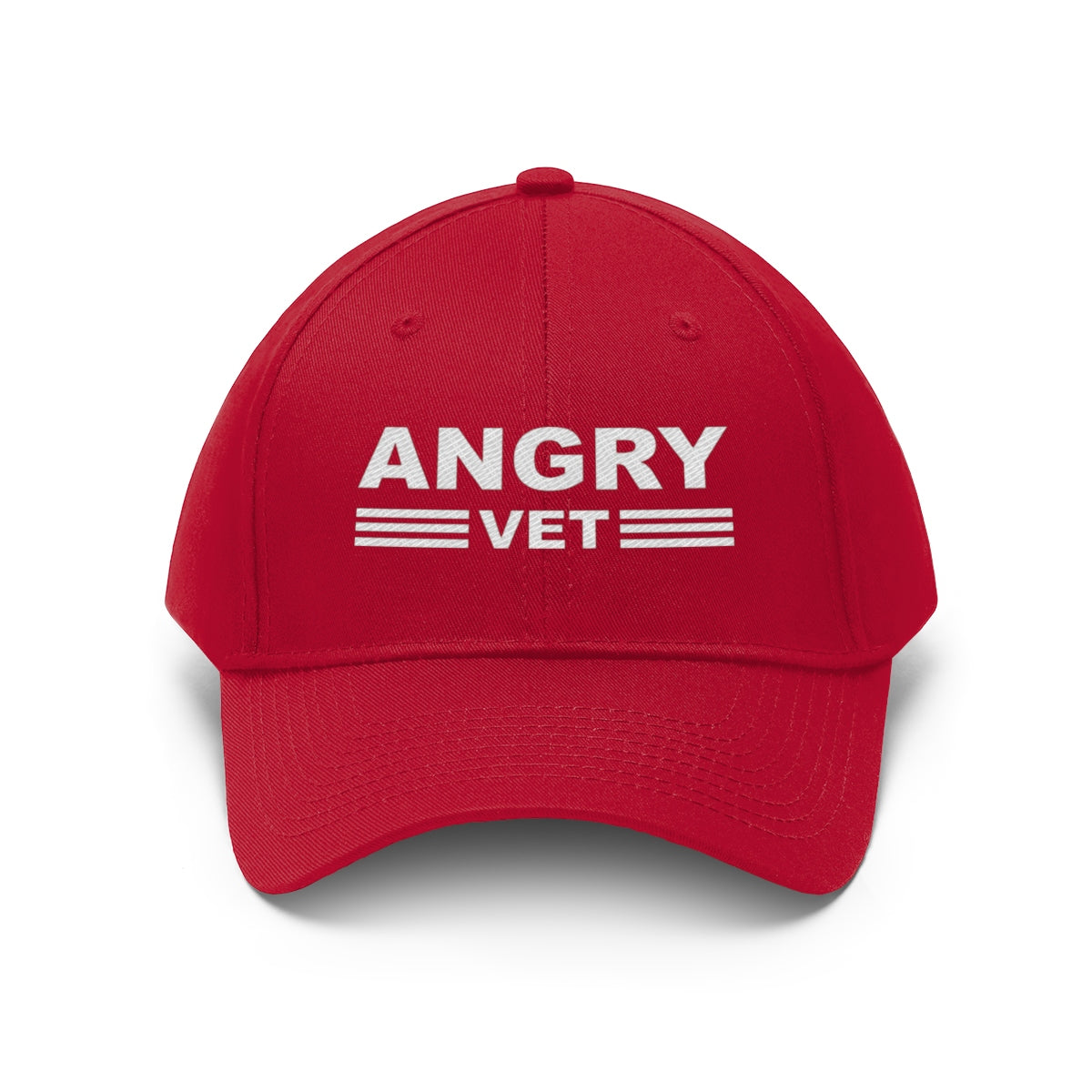 Angry Vet Twill Cap Veteran Pride Graphic Hat in red with 'ANGRY VET' embroidered in white.