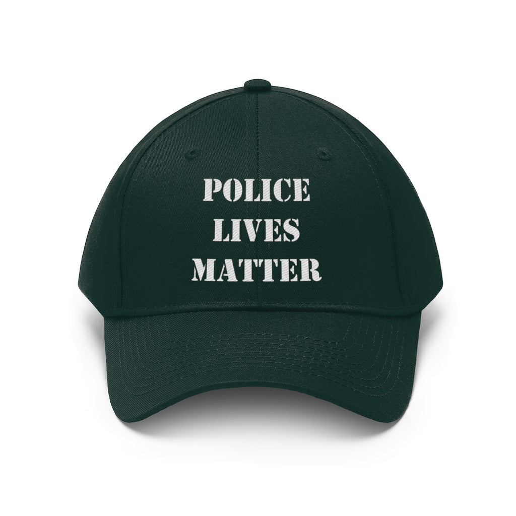 Embroidered Police Lives Matter Twill Cap showcasing a bold message on a dark green cap.