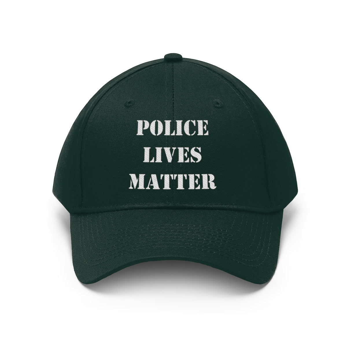 Embroidered Police Lives Matter Twill Cap showcasing a bold message on a dark green cap.