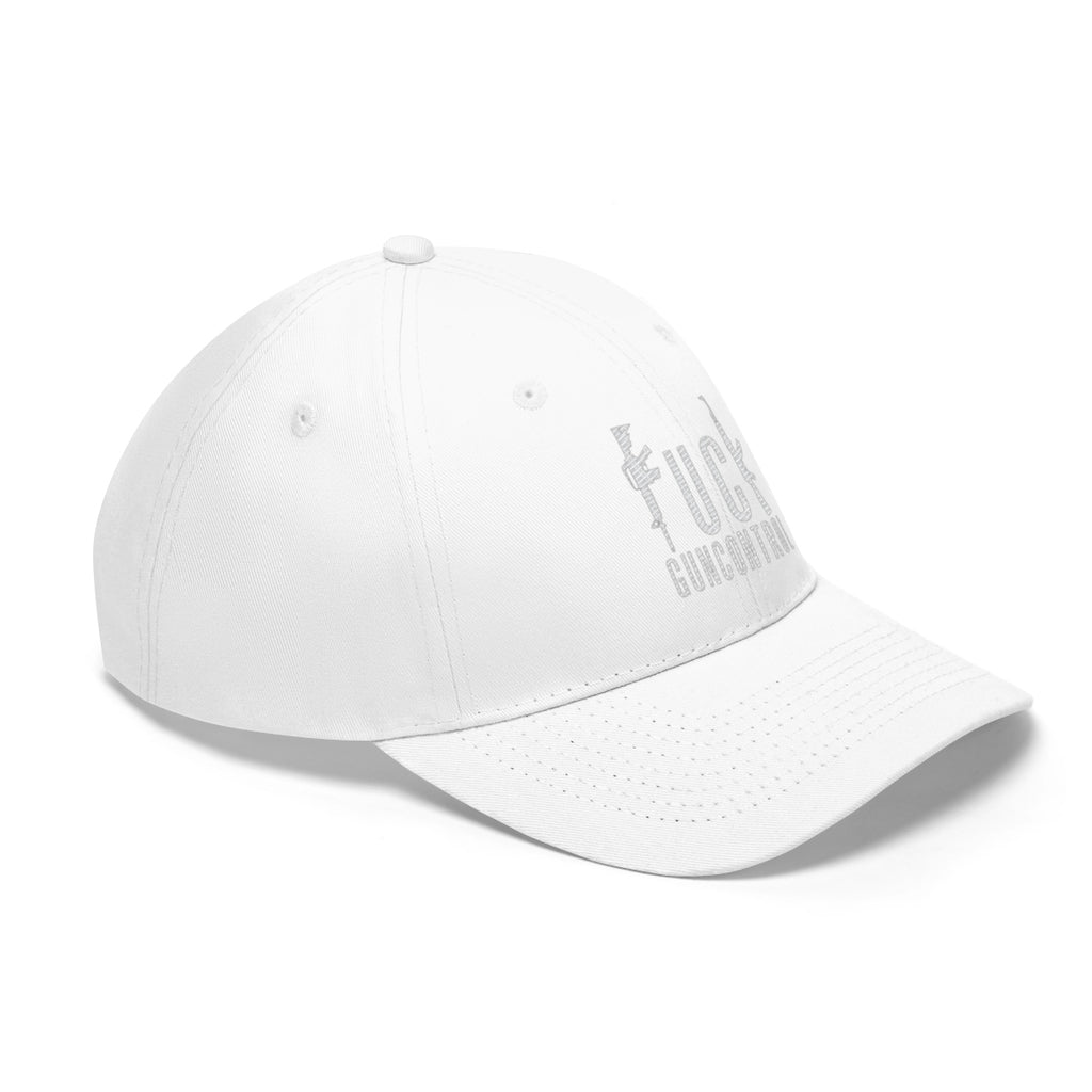 Vintage Fuck Gun Control Cotton Twill Cap, white unisex baseball hat shown from the side on a plain background.