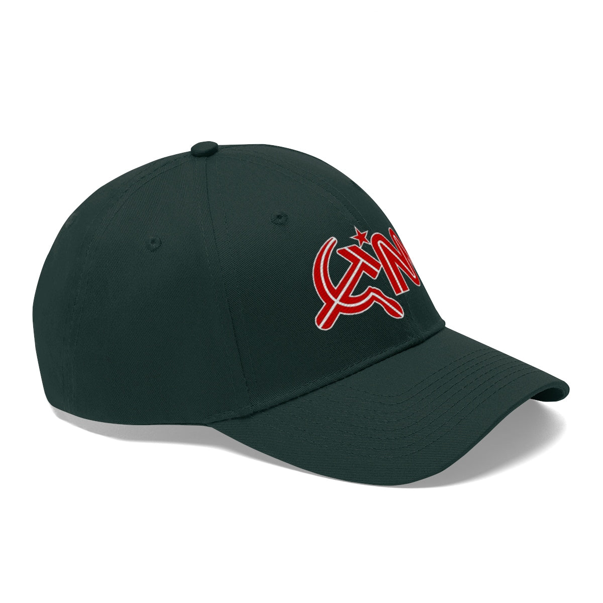 CNN With Hammer And Sickle Twill Cap featuring a unique design in dark green.