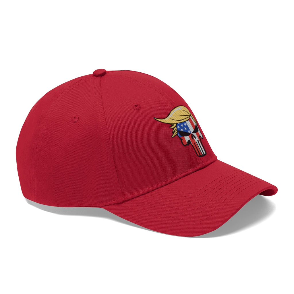 Classic Punisher Twill Cap with Trump Design in red featuring unique cartoon graphic.