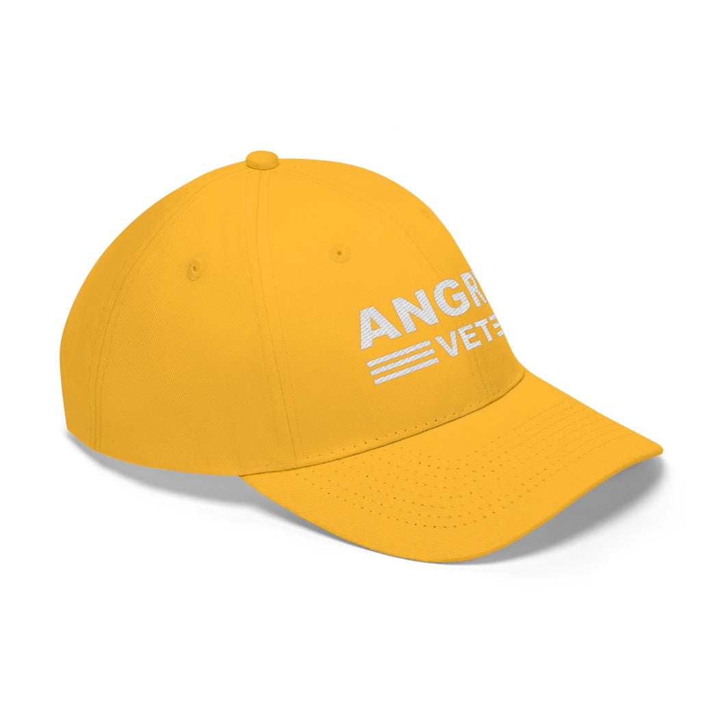 Angry Vet Twill Cap Veteran Pride Graphic Hat in vibrant yellow color with white text.