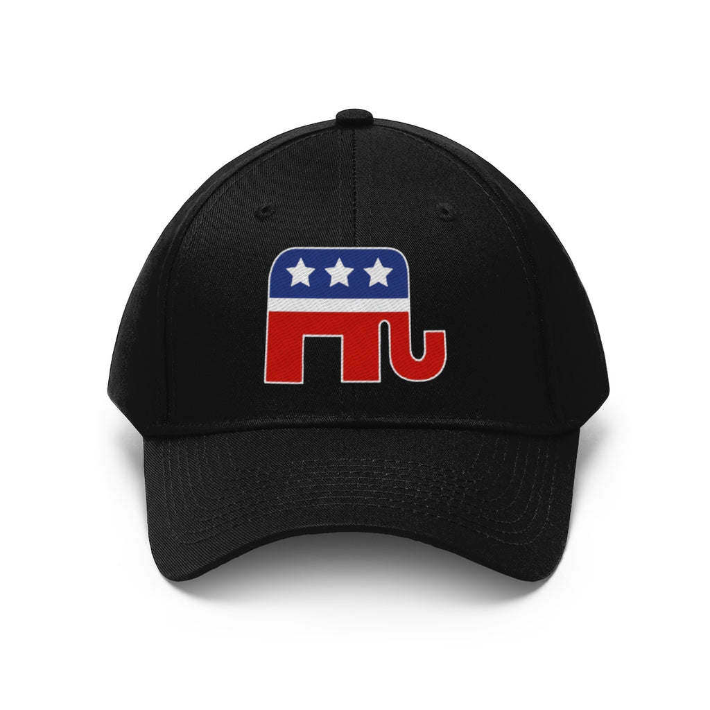 GOP Symbol Twill Cap Patriotic Political Graphic Cap with red and blue elephant logo