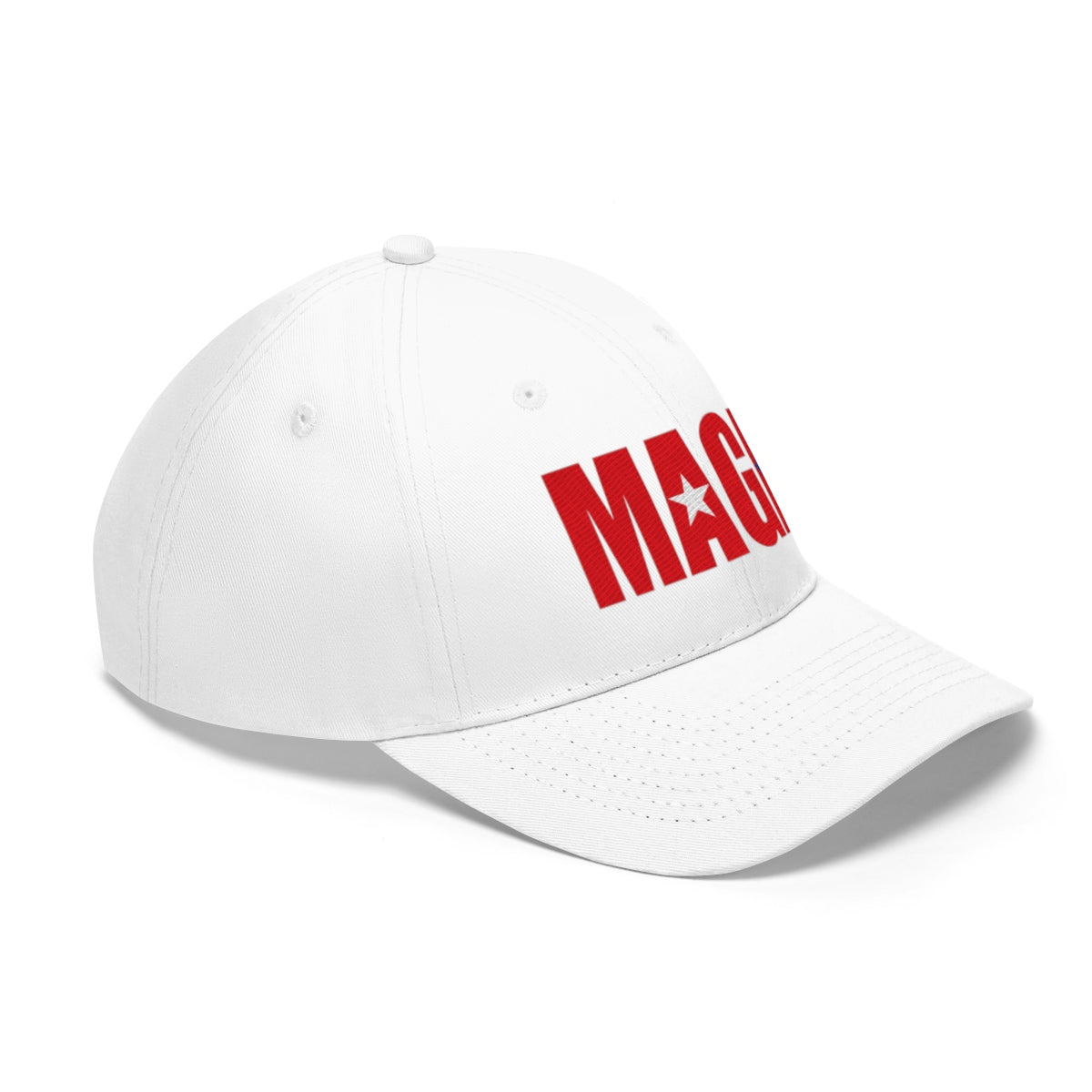 Embroidered MAGA Cotton Twill Cap Design in white with bold red lettering.