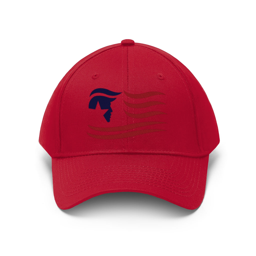 American Flag Twill Cap Trump Classic Patriotic Cap in red with navy graphic design.