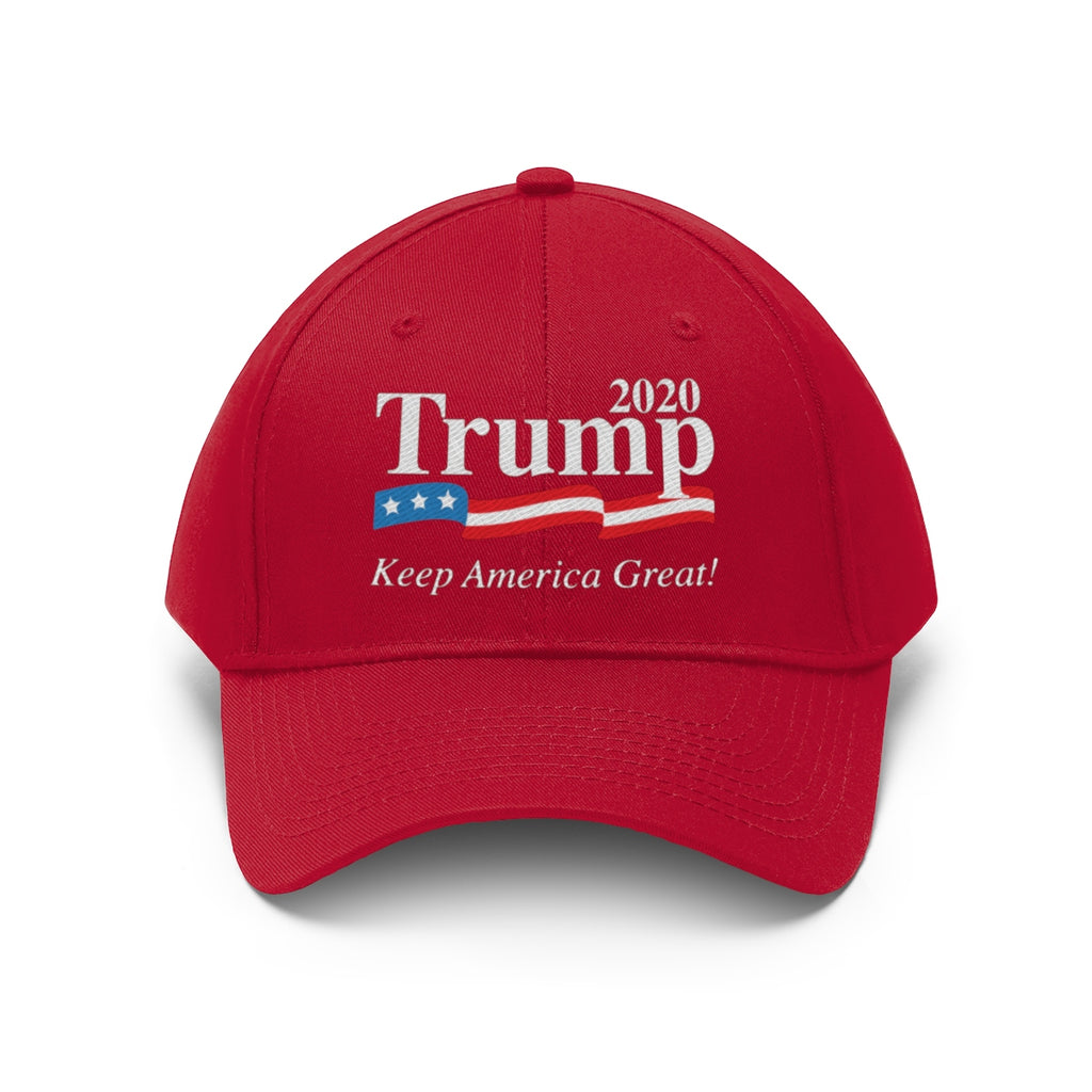 Trump 2020 Keep America Great Twill Cap with red color and bold lettering.