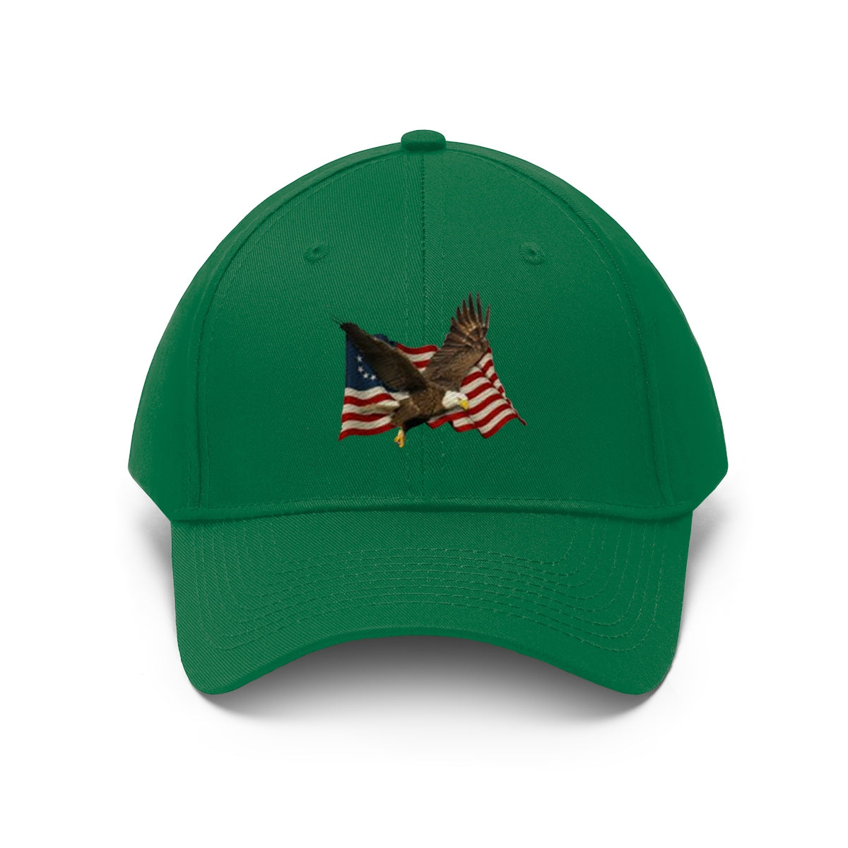 Eagle On American Flag Twill Cap featuring an embroidered bald eagle on an American flag backdrop.
