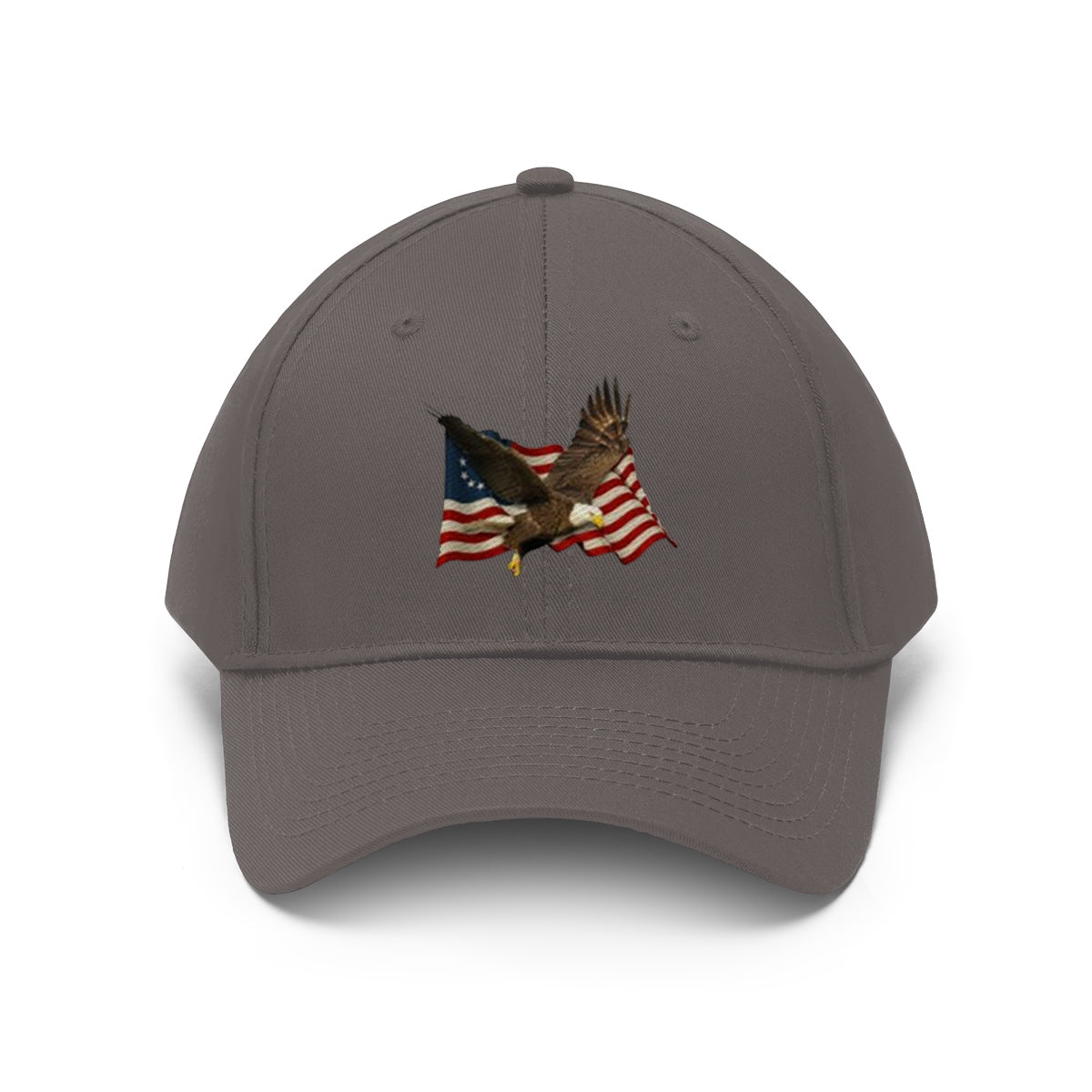 Eagle On American Flag Twill Cap featuring an embroidered eagle soaring above the American flag.