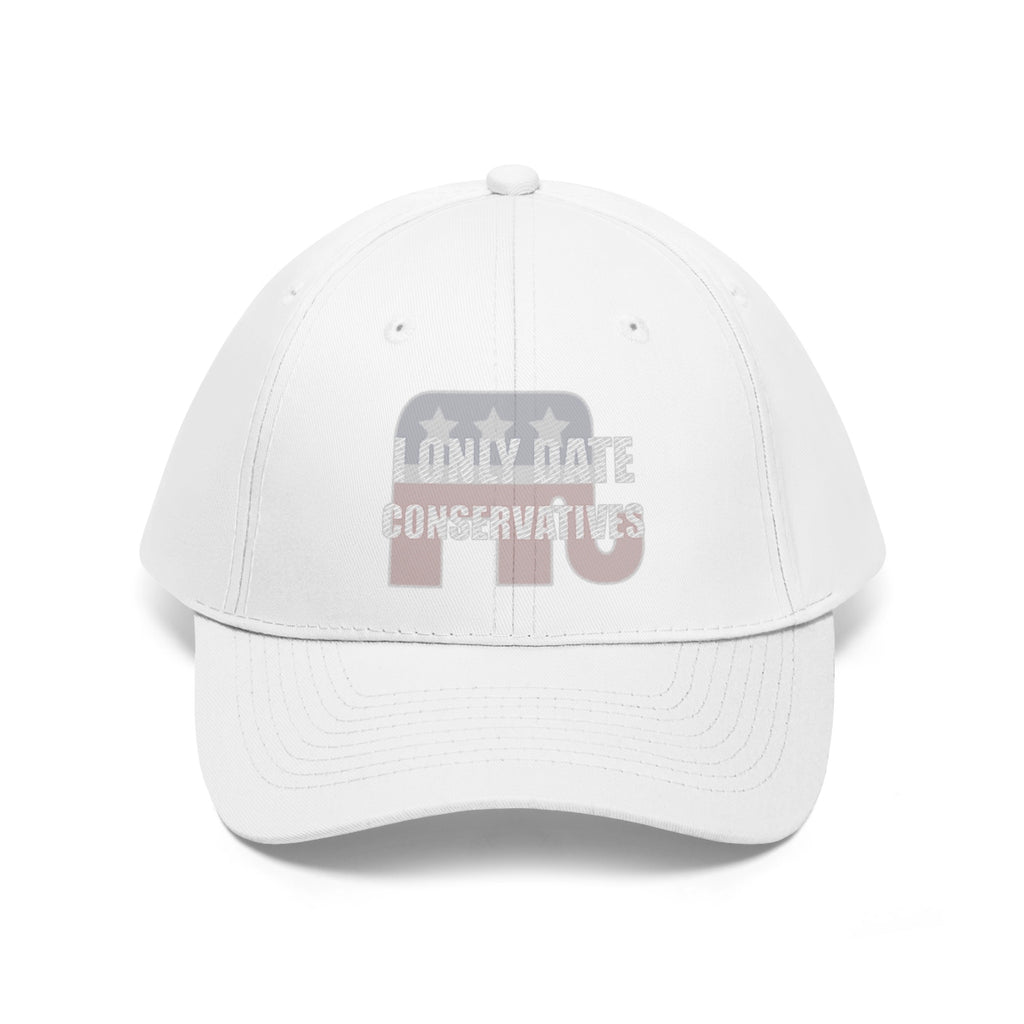 I Only Date Conservatives Twill Cap featuring a bold design and classic political message on a white cap.