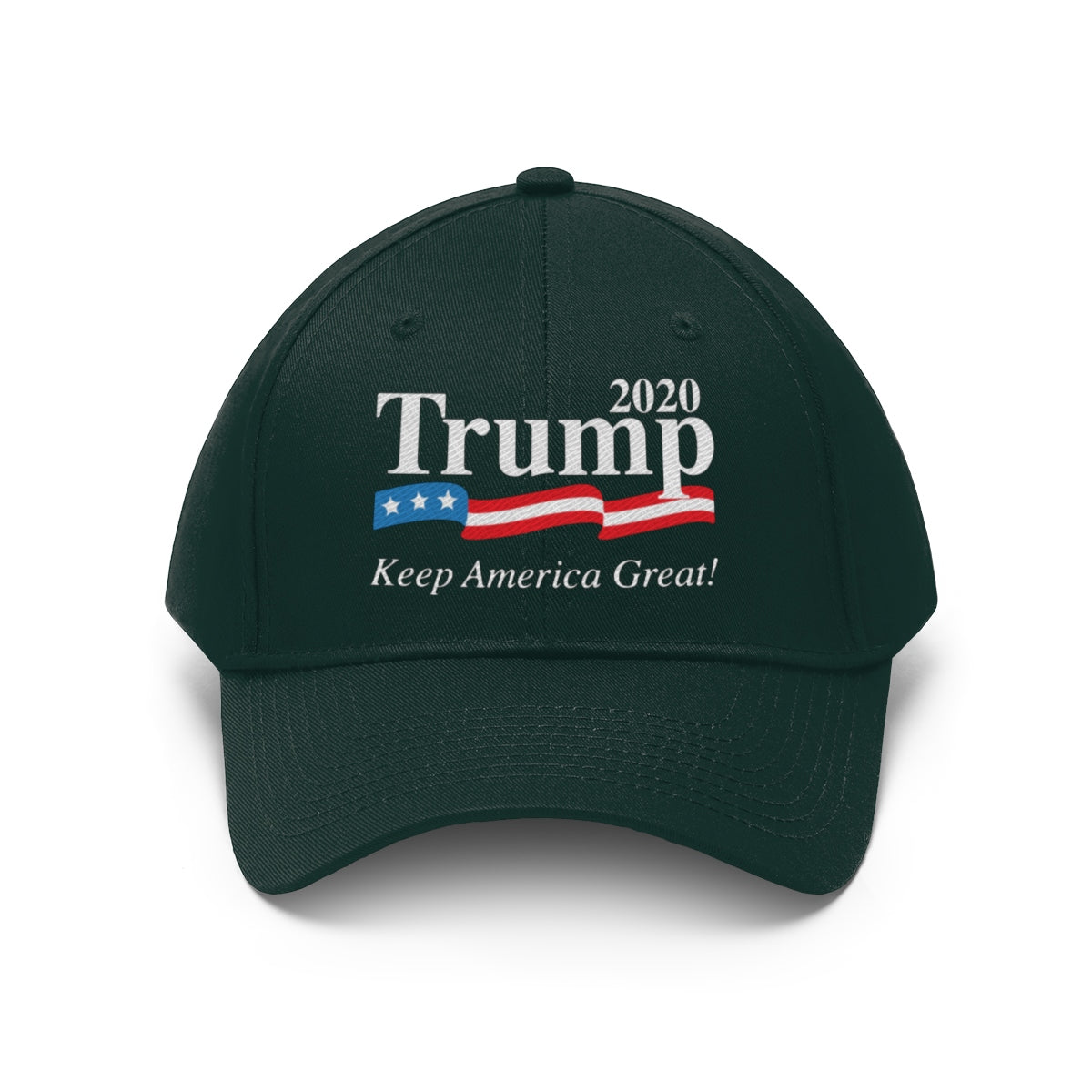 Trump 2020 Keep America Great Twill Cap in dark color with patriotic design and slogan.