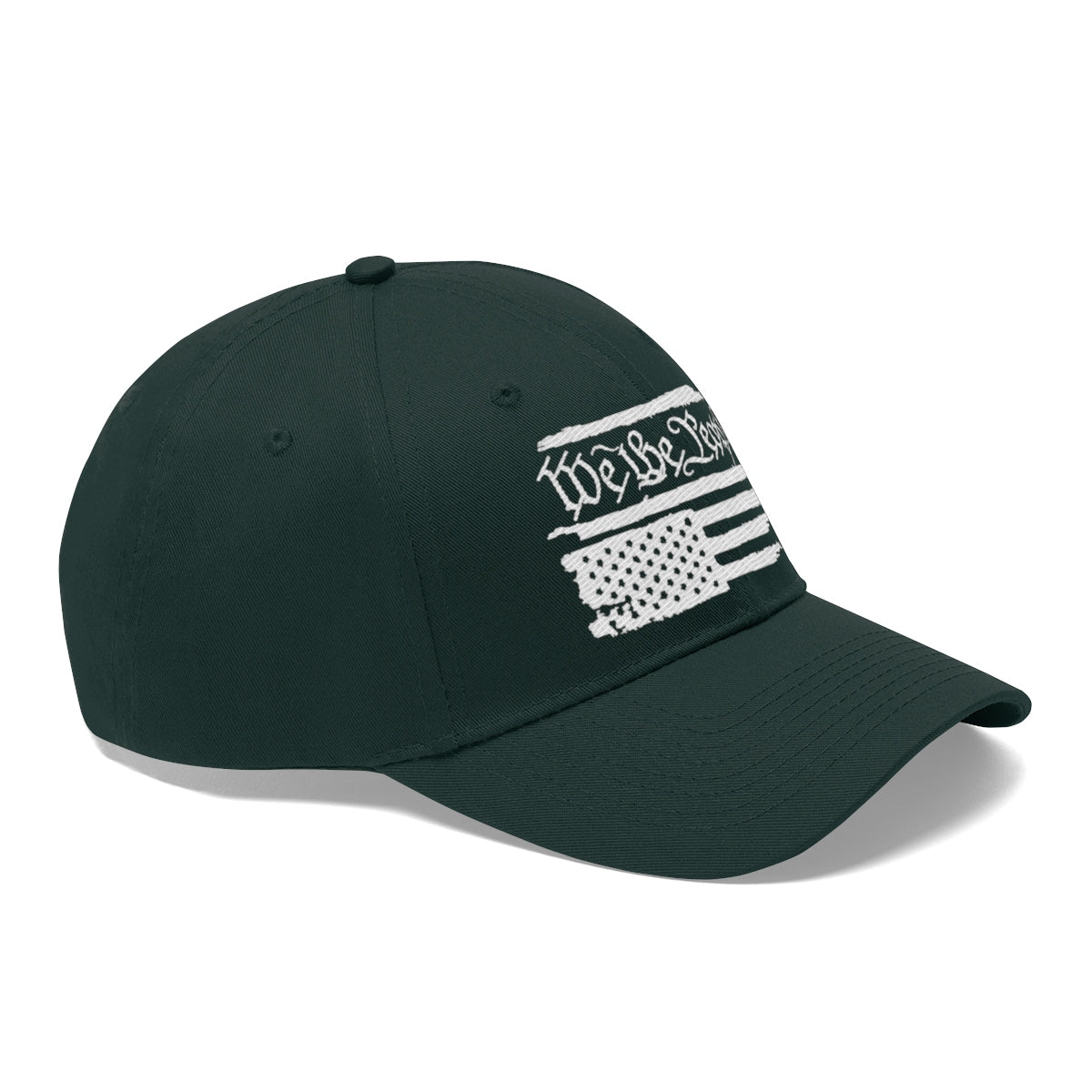 We The People On Distressed American Flag Twill Cap viewed from the side, showcasing its unique design and color.