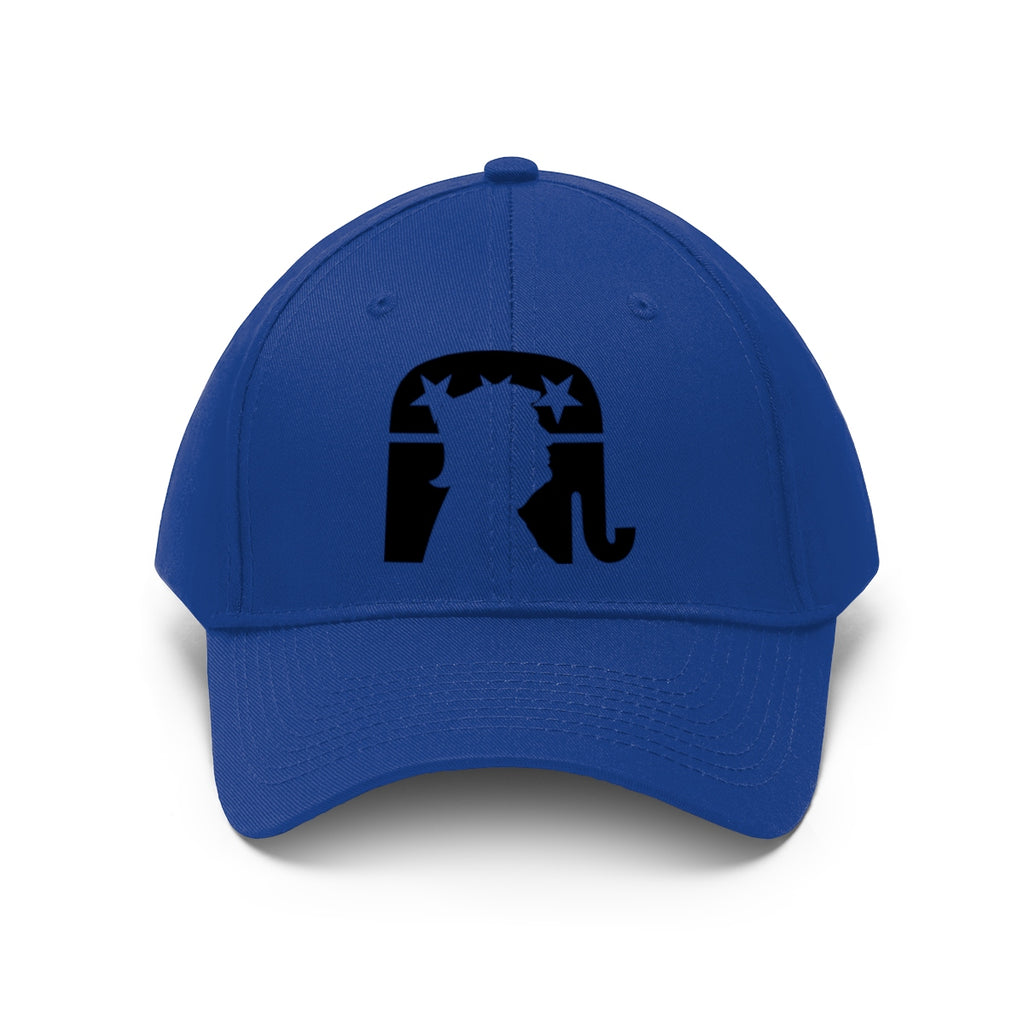 Trump Silhouette On GOP Symbol Twill Cap in blue with black design, showcasing political allegiance and style.