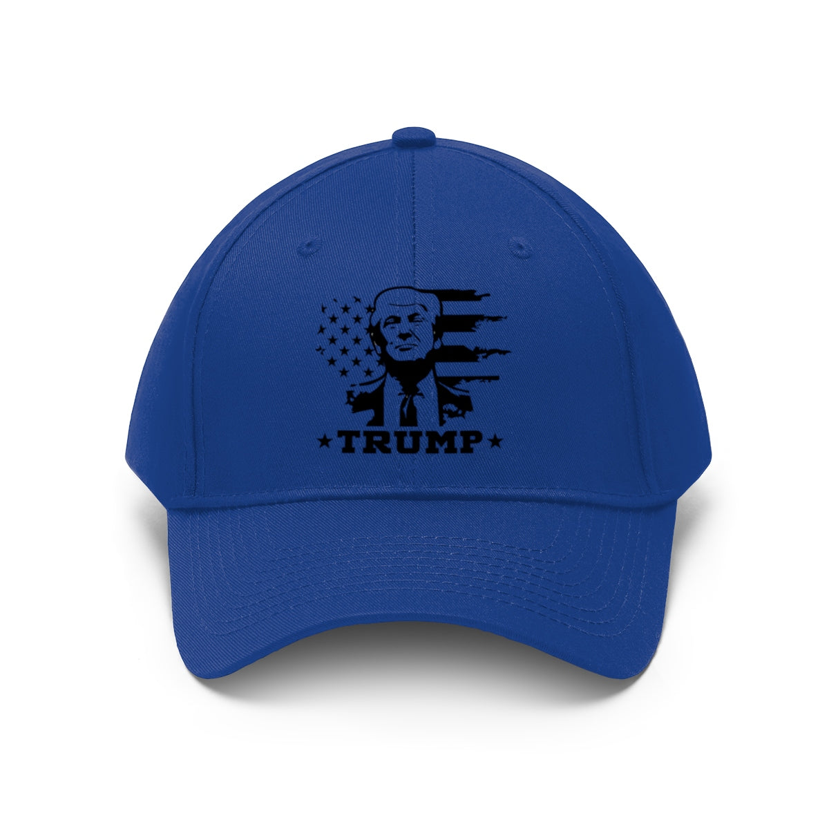 Black White Flag Baseball Cap Featuring Trump 2020 in blue with graphic design of Trump and American flag.