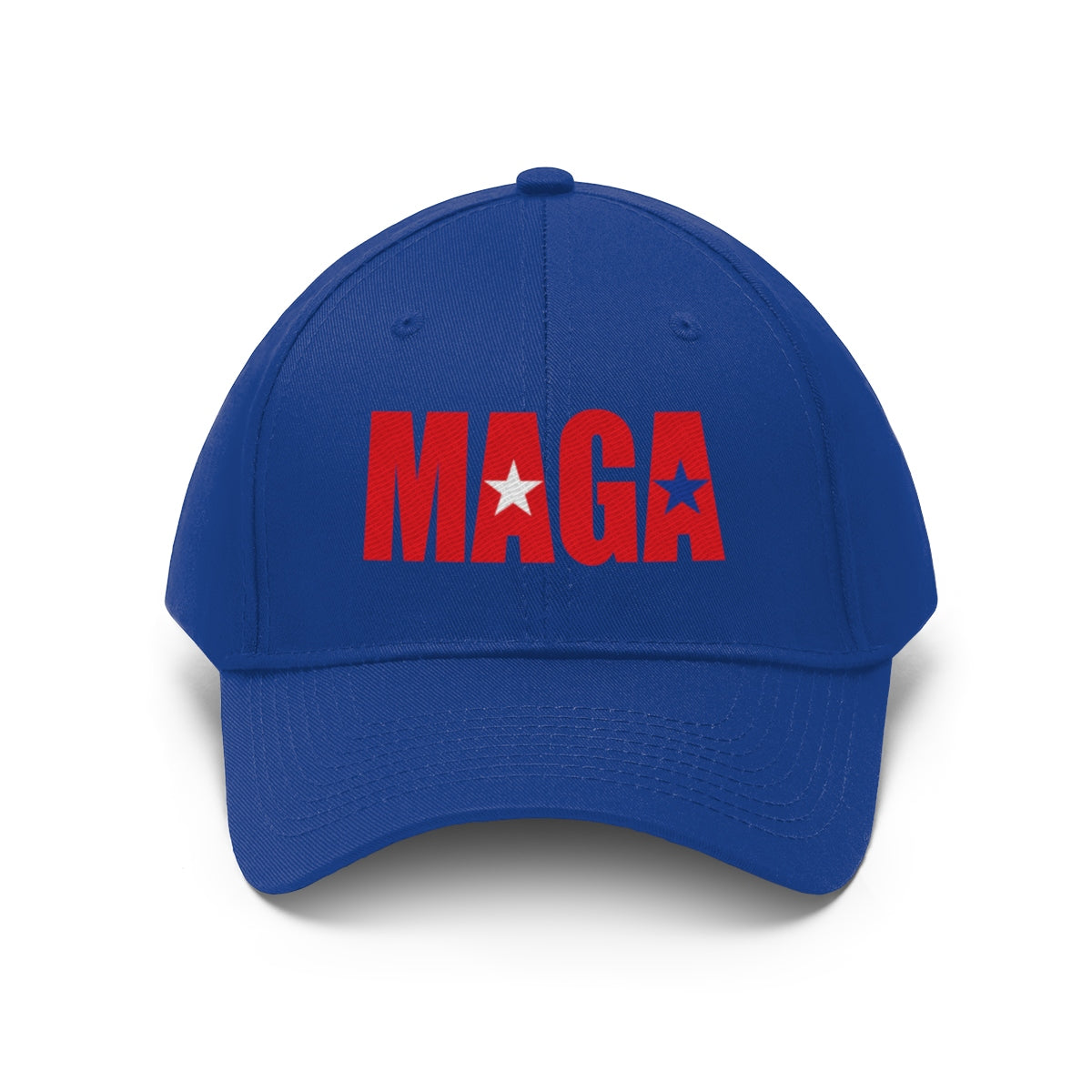 Embroidered MAGA Cotton Twill Cap Design in blue featuring red letters and a star, perfect for political expression.