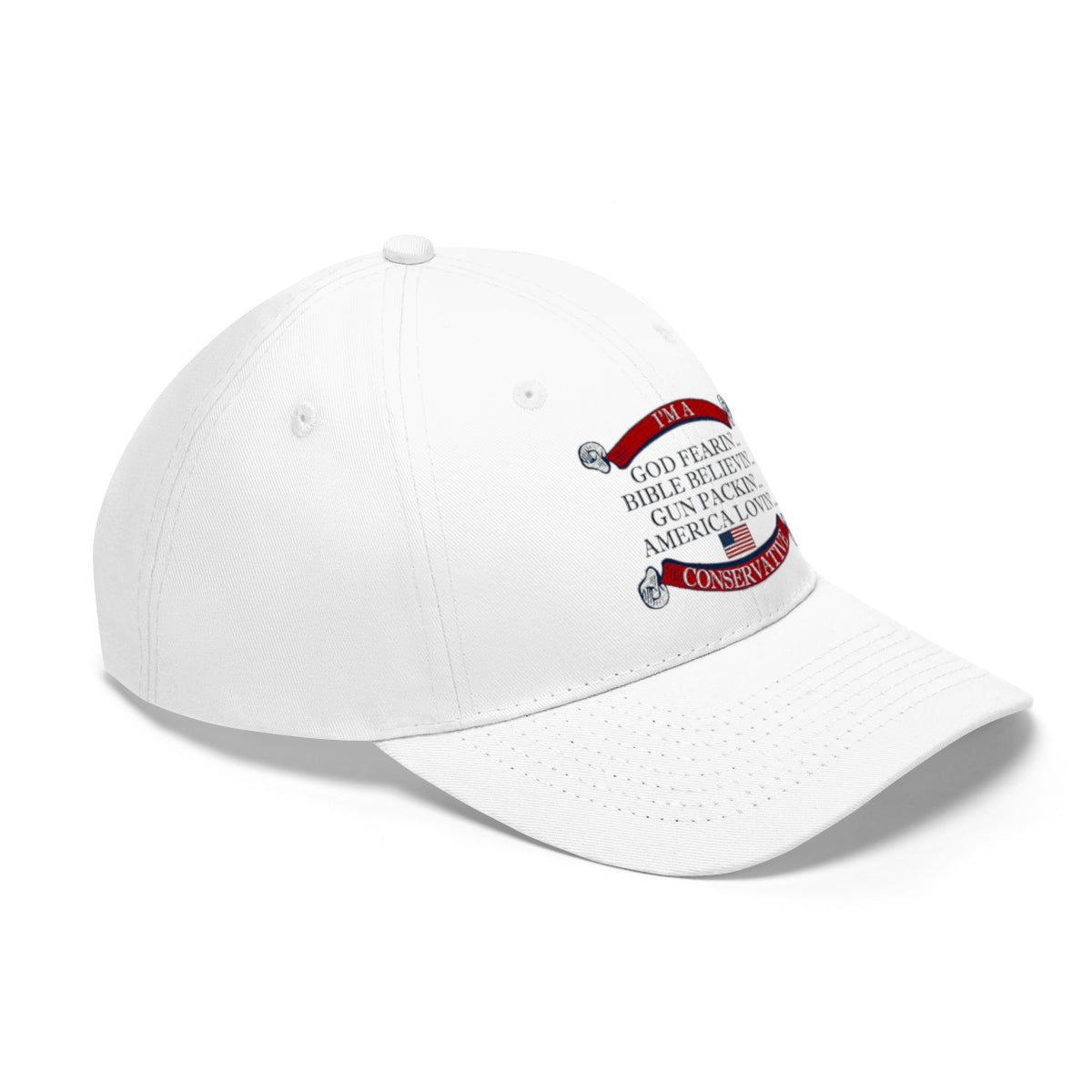 America Lovin' Conservative Twill Cap showcasing conservative values on a stylish white baseball cap.
