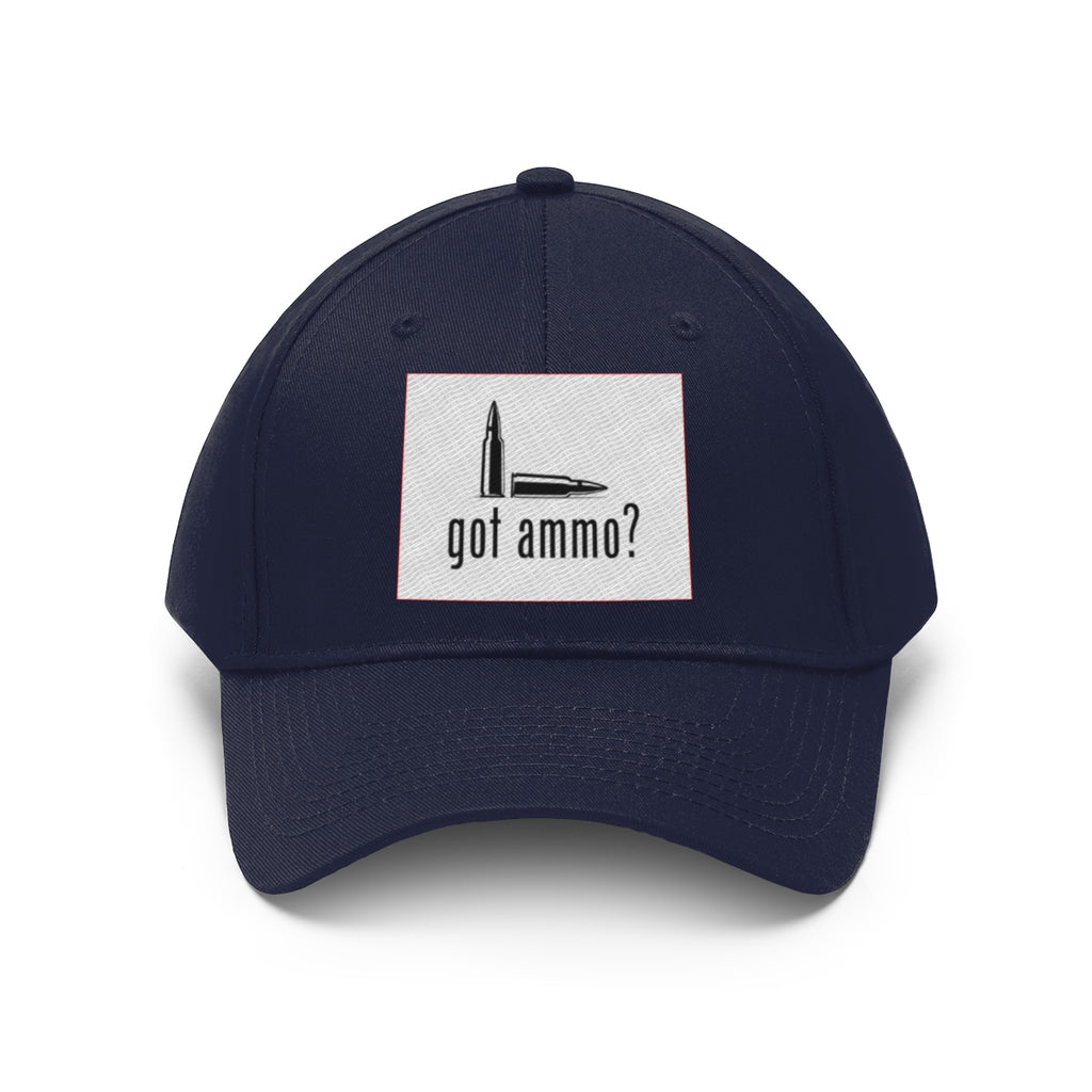 Got Ammo Twill Cap Funny Tactical Style Cap featuring a bullet graphic on a navy blue dad hat.