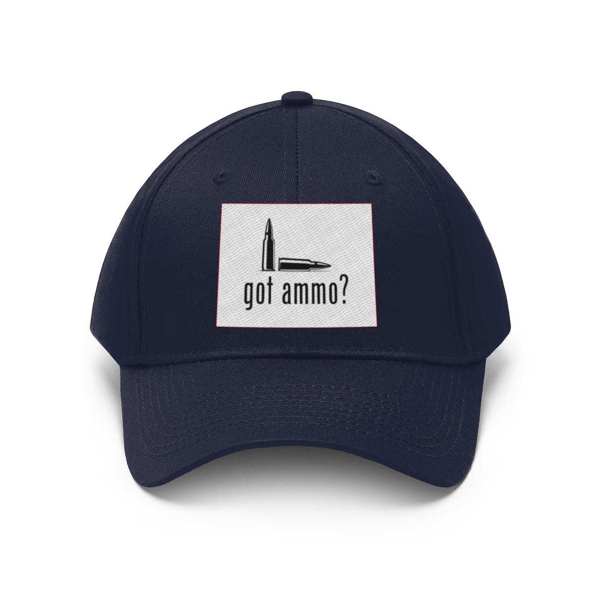 Got Ammo Twill Cap Funny Tactical Style Cap featuring a bullet graphic on a navy blue dad hat.