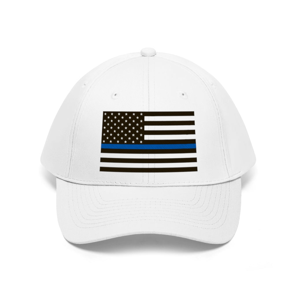 Thin Blue Line American Flag Twill Cap featuring a black and white flag with a blue line.