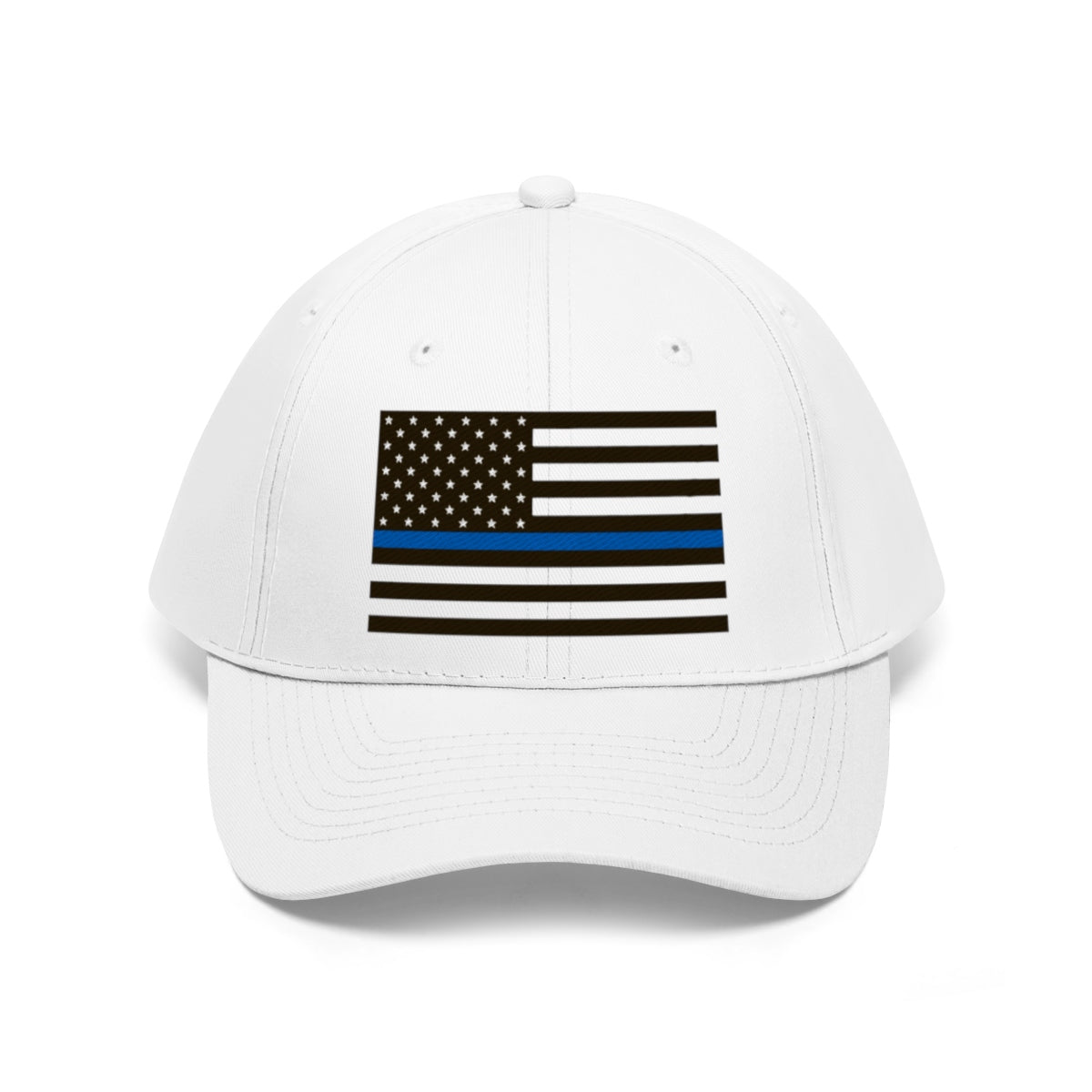 Thin Blue Line American Flag Twill Cap featuring a black and white flag with a blue line.