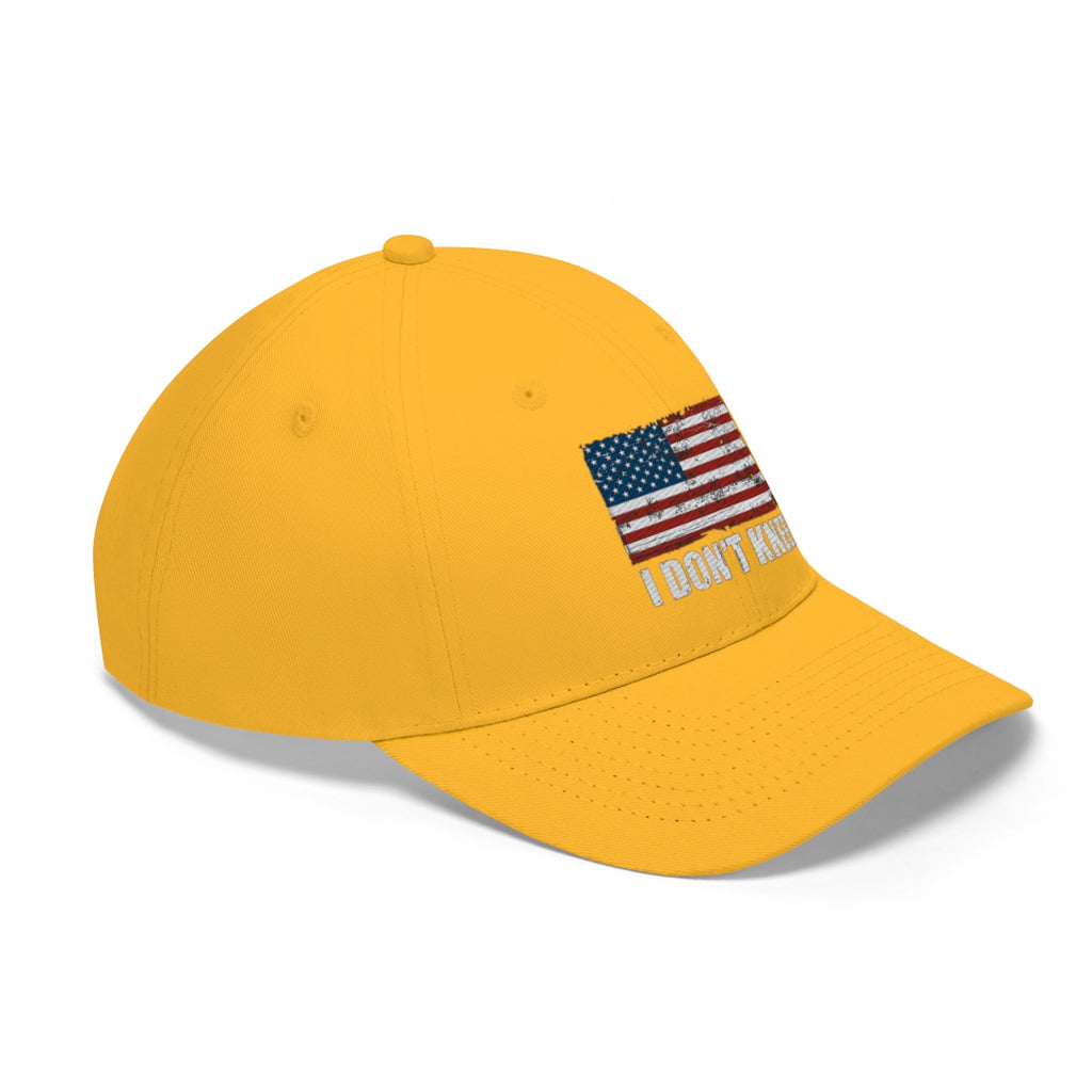 I Don't Kneel American Flag Twill Cap in yellow with American flag design.