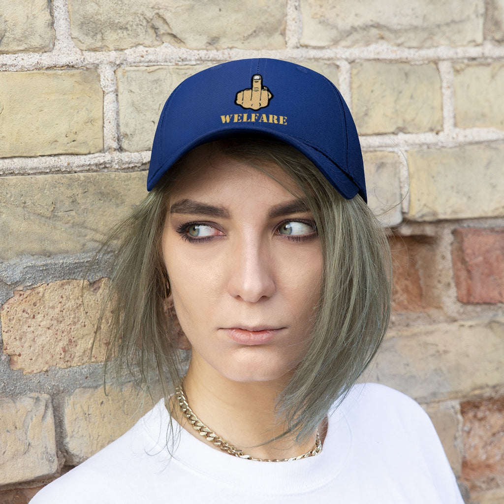 Vintage Fuck Welfare Cotton Twill Cap Design worn by model against a brick background.
