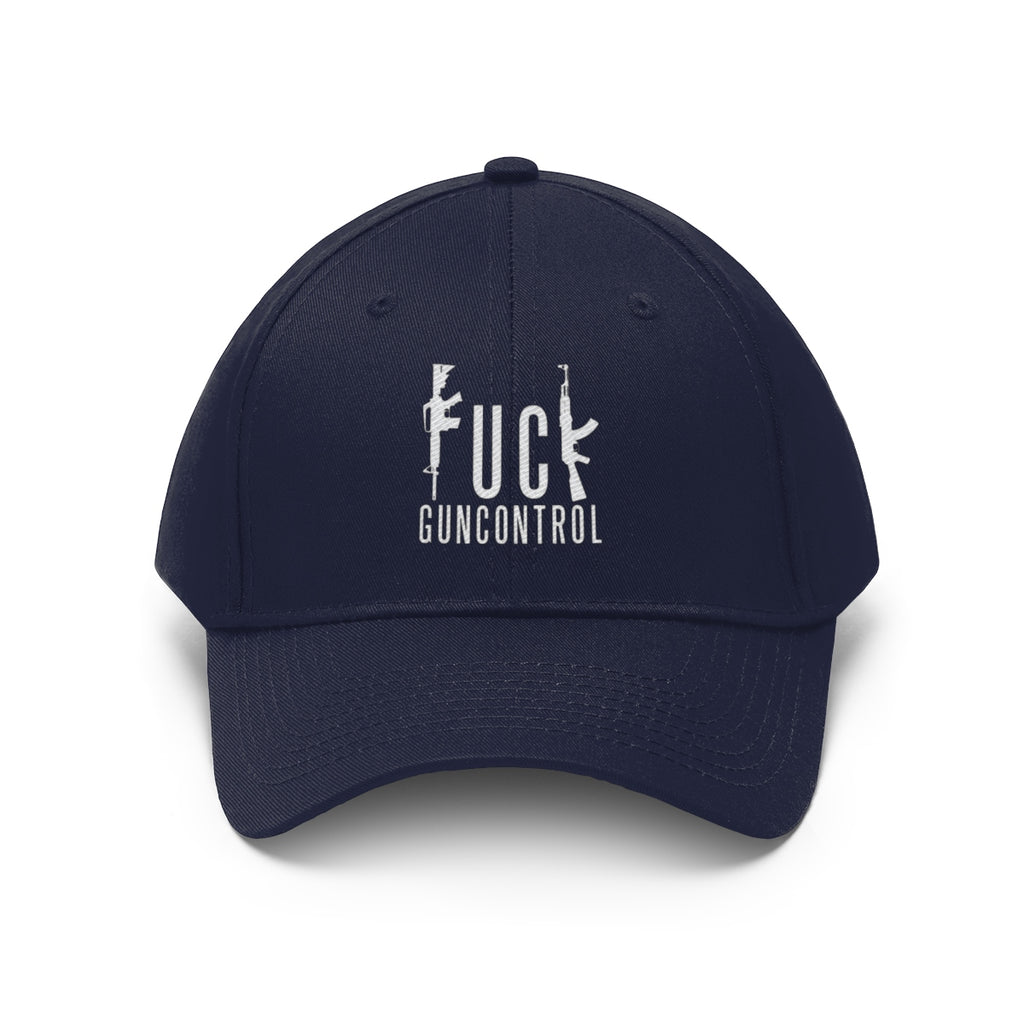 Vintage Fuck Gun Control Cotton Twill Cap in navy blue, featuring a bold graphic design on the front.