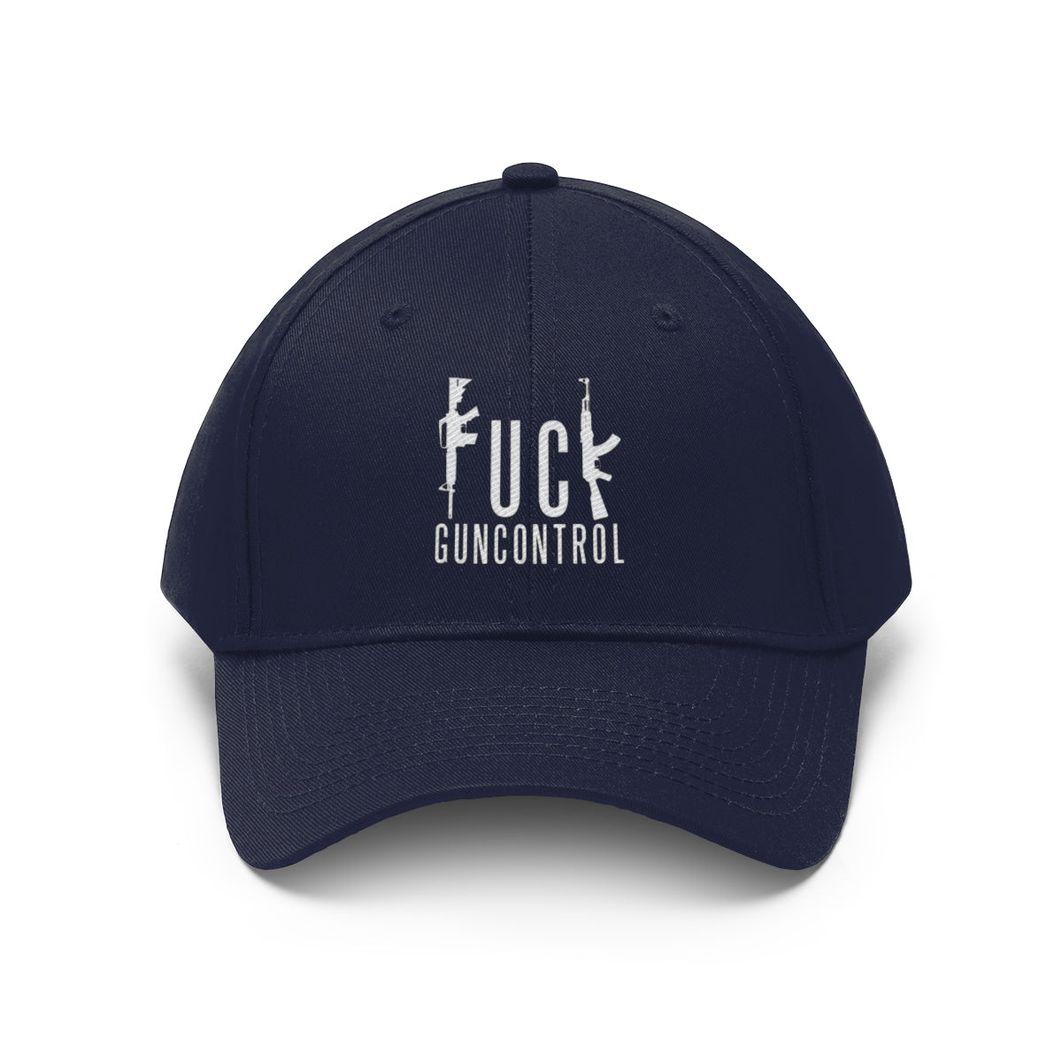 Vintage Fuck Gun Control Cotton Twill Cap in navy blue, featuring a bold graphic design on the front.
