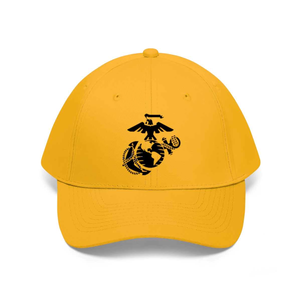 USMC Symbol Twill Cap Marine Corps Pride Hat with black emblem on a yellow background.