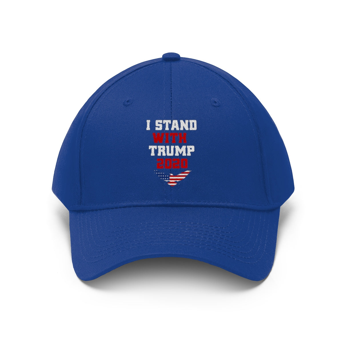 I Stand With Trump 2020 Twill Cap in blue with bold political message on the front.